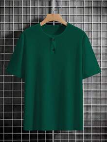 Manfinity Homme 男士V领纯色休闲百搭日常短袖T恤 男士夏季服装 绿色 男士上衣 男士V领T恤 绿色 男士休闲装 绿色男士T恤 - 墨綠色 - 查看 3