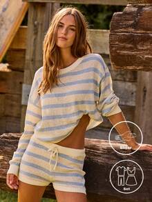 Aralina 女士两件套针织夏季纱线染色条纹细节长袖套头衫和短裤两件套可爱假日度假装Y2K斯德哥尔摩风格 - 彩色 - 查看 1