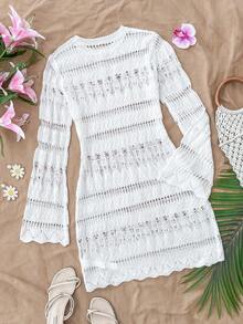 SHEIN 少女镂空荷叶边喇叭袖长袖沙滩罩衫连衣裙，夏季 - 白色 - 查看 2