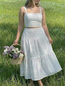 SHEIN MOD Plus Size Women Embroidered White Maxi Dress 2 Pieces Set, Multi-Layered Ruffle Hem, Suitable For Dates, Holidays, Picnics, Beaches, Comfortable, White Skirt And Top Set, White Eyelet Skirt And Top Set, White Two Piece Dress, White Eyelet Two Piece Dress, White Summer Outfit - White - View 5