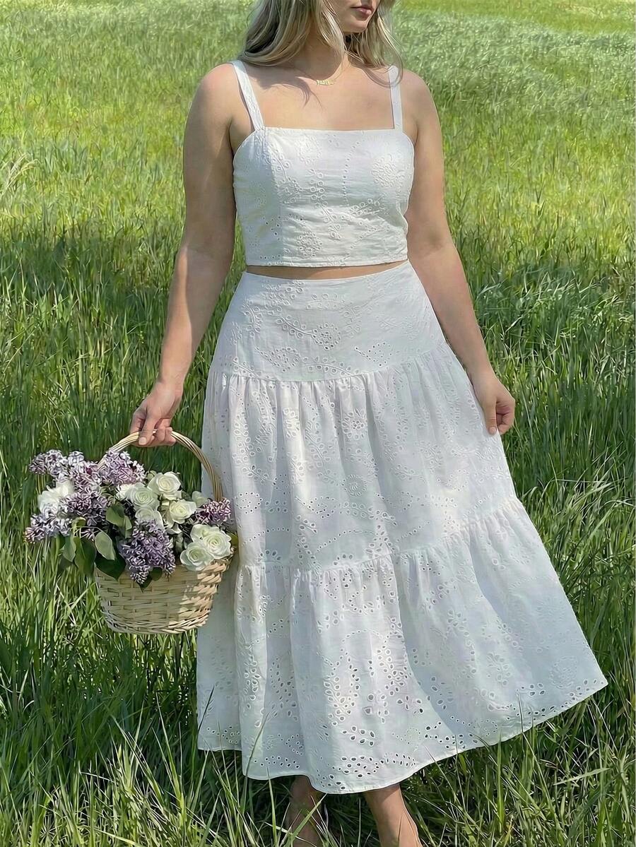 SHEIN MOD Plus Size Women Embroidered White Maxi Dress 2 Pieces Set, Multi-Layered Ruffle Hem, Suitable For Dates, Holidays, Picnics, Beaches, Comfortable, White Skirt And Top Set, White Eyelet Skirt And Top Set, White Two Piece Dress, White Eyelet Two Piece Dress, White Summer Outfit - White - View 1