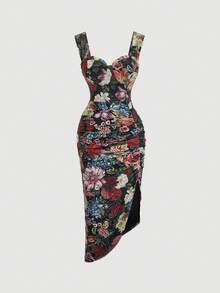 MOD Vestido con estampado floral, plisado, dobladillo asimétrico y abertura, vestidos en tonos pastel para mujer - Multicolor 2 - Ver 10