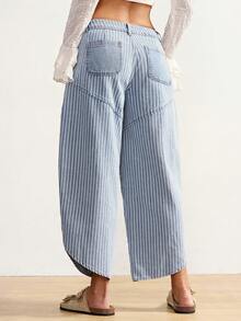 Bohemela Women's Casual Everyday Striped Patch Pocket Loose Fit Denim Jeans, Summer - Light Wash - View 2