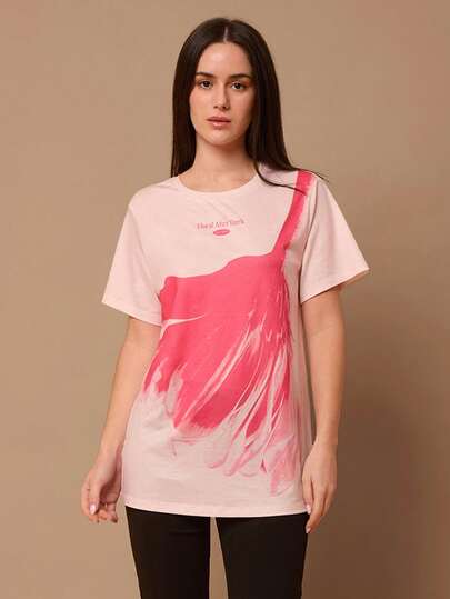 SURIMA Áo thun nữ tay ngắn cổ tròn dáng rộng, họa tiết tối giản, phong cách thường ngày