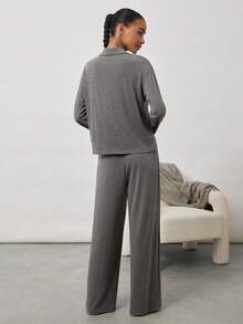 Ocili 女士柔美花卉印花睡衣套装，长袖上衣和长裤，带领子 - 深灰色 - 查看 2