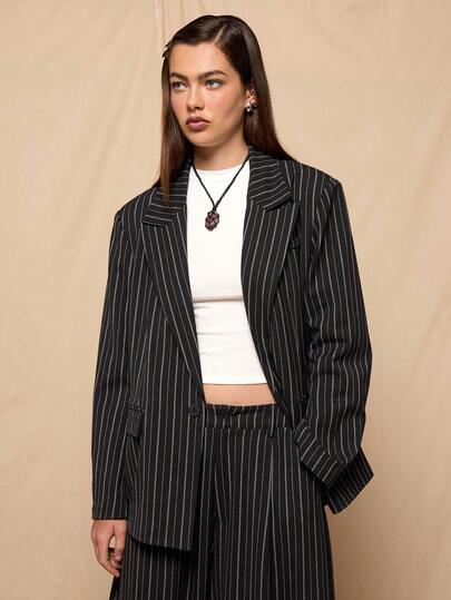 COUREZ Pinstripe Oversized Boxy Blazer /Y2K Spring Clothes For Women Cute Business Casual Outfits For Women Streetwear Going Out Outfits Summer Trousers Summer Outfits 2 Piece Sets