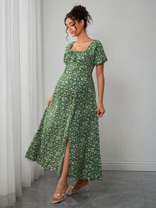 SHEIN Maternity Fashion Print Shirred Dress - Green - View 5