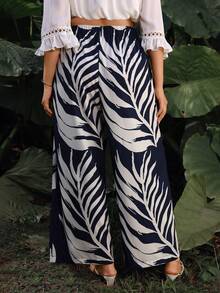 Juhart Pantalones casuales con estampado de hojas y plantas para mujer de talla grande, primavera/verano - Multicolor - Ver 2