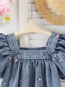 Elladie kids 年轻女孩时尚休闲优雅牛仔连衣裙，短袖柔美花卉图案设计连衣裙 - 藍色 - 查看 3
