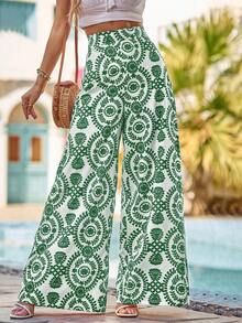 Breezaya Women's Summer Vacation All-Over Print High Waist Loose Wide Leg Pants - Green - View 3