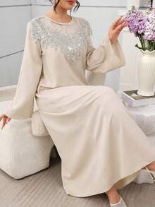 Al Najma Women's Elegant Apricot Long Sleeve Rhinestone Collar Floral Arabic Style Dress, Spring/Summer - Apricot - View 8