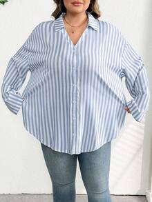 SHEIN CURVE+ Plus Size Women Striped Roll-Up Sleeve Single-Breasted Casual Loose Shirt/2026 /New Year Plus Size Shirts And Blouses - Blue - View 5