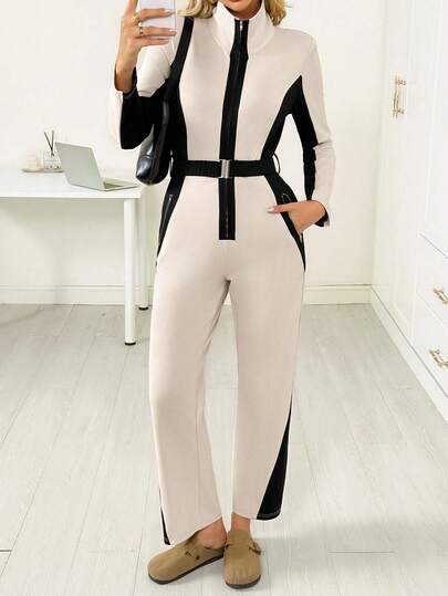 SHEIN PETITE Women's Autumn/Winter Outdoor Sports Ski Suit, Black & White Contrast Color, Stand Collar, Zipper, Sealed Pockets, Slim Fit Jumpsuit