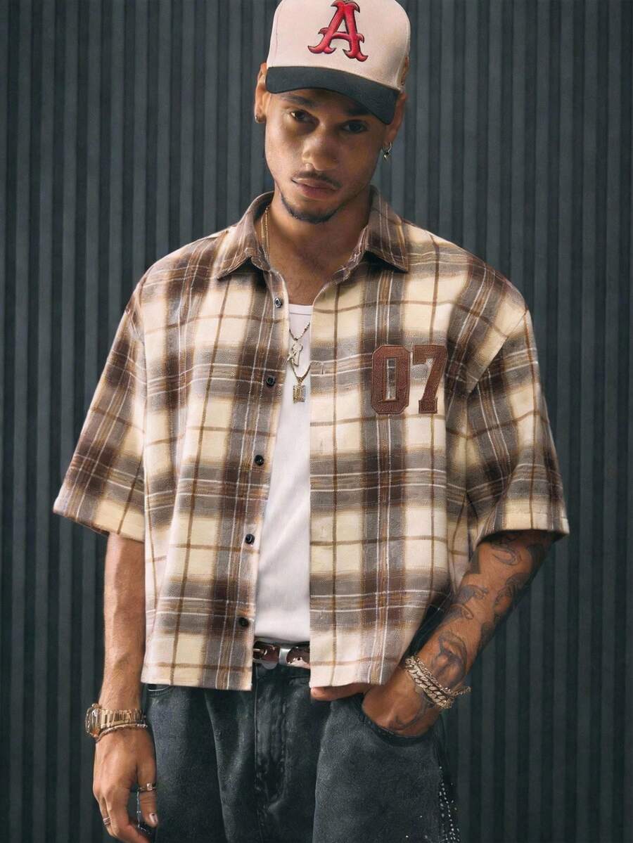 AXEPEAK Áo sơ mi nam tay ngắn in họa tiết kẻ caro cài nút phía trước, thường ngày, đa năng - Nhiều màu - Xem 1