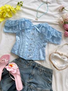 Soleia 春夏新款休闲度假西部海滩婚礼宾客礼服毕业早午餐女装，圣帕特里克节春假复活节音乐节优雅波西米亚热带浪漫露背蝴蝶结纹理蕾丝边衬衫 - 淺藍色 - 查看 5