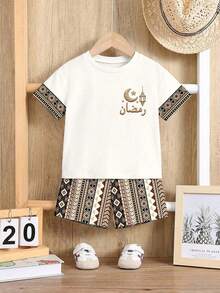 SHEIN Cartoon Cute Star & Moon Print Gold Summer Family Matching Outfit,Round Neck Short Sleeve For Party - Multicolor - View 2