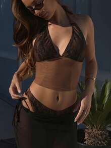 Swim Chiccia Brown Solid Deep V Neck Tie Front Lace Patchwork Backless Casual Sexy Beach Tankini Swimwear Set, Summer - Multicolor - View 4