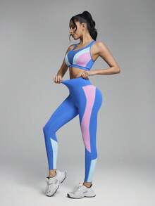 Innovista Bộ đồ đạp xe nữ gồm áo tank top hở lưng phối lưới tương phản màu sắc và quần legging cạp cao. - Màu xanh lam - Xem 8