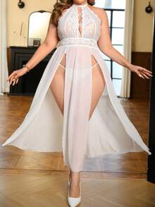 Seduluxe 2pcs Plus Size Lace Contrast Mesh Wireless Sexy Lingerie Set Wedding - White - View 3