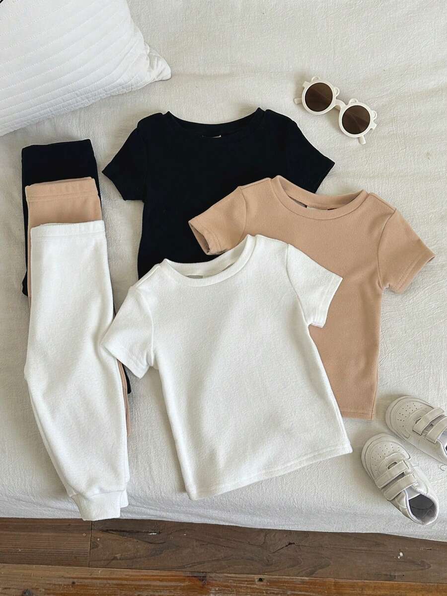 SHEIN 3件套男女宝宝通用柔软舒适纯色基础款贴身睡衣套装，包括短袖T恤和长裤 - 彩色 - 查看 1