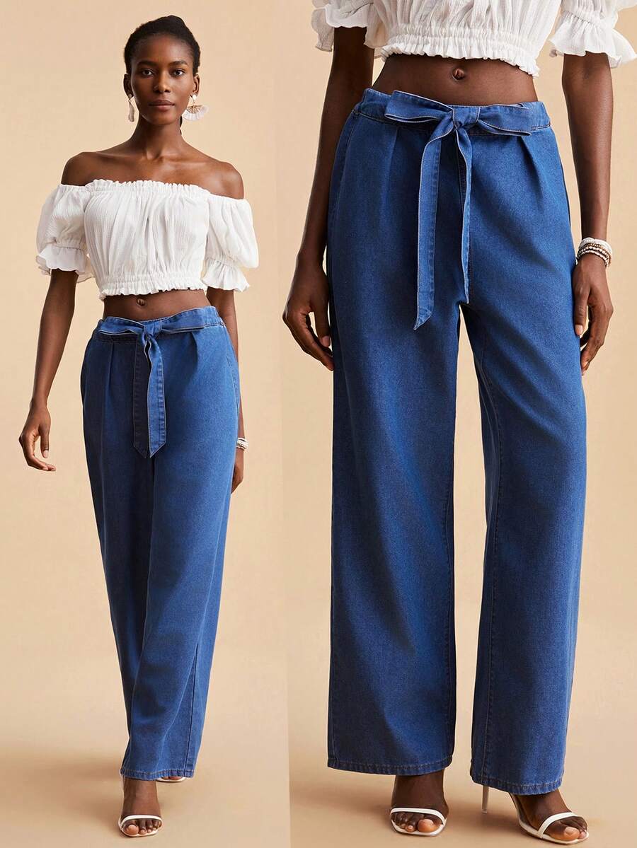 Travachic Women's Casual Belted Wide Leg Jeans - Medium Wash - View 1