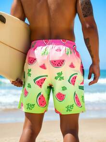 Surfspeed Pantalones cortos de playa con cordón en la cintura y estampado degradado de sandía, estilo de vacaciones de verano para hombres - Rosa - Ver 2
