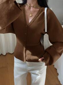 Siren Gaze Women's Solid Color Button-Up Fitted Waist Knit Cardigan, Casual Everyday Wear, Autumn/Winter - Coffee Brown - View 7