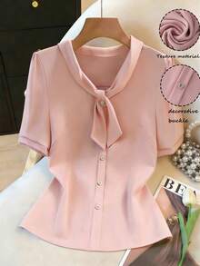 SHEIN Franclia Elegant Women's Pink Puff Sleeve Shirt Casual Regular Length Top With Knot Neck Detail Woven Material - Pink - View 3