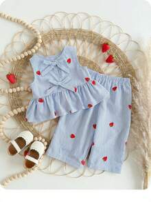 Babygirl Cute Casual Strawberry Striped Bow Decor Camisole & Pants Set - Blue - View 9