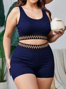 Swim Lushoire Bộ đồ bơi nữ cỡ lớn màu trơn cổ tròn kiểu áo quây và quần cạp cao, gợi cảm, thanh lịch, thoải mái cho mặc hàng ngày, đi biển, nghỉ lễ. - Màu xanh hải quân - Xem 4