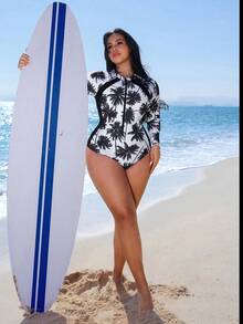 Swim Lushoire 大码女式长袖拉链拼接印花沙滩度假连体泳衣 - 彩色 - 查看 3