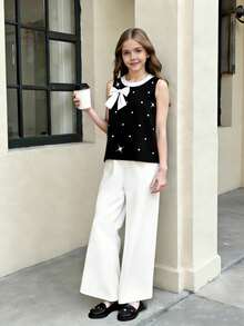 2pcs Set Fashionable Casual Versatile Bowknot & Pearl Sleeveless Top & Pants, Suitable For Spring/Summer - White - View 1
