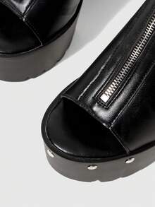 ROMWE Women's Thick Sole Zipper Design High Heel Fashion Sandals - Black - View 4