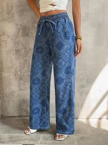 SHEIN Women's Casual Vacation All-Over Print Straight Leg Jeans - Blue - View 4