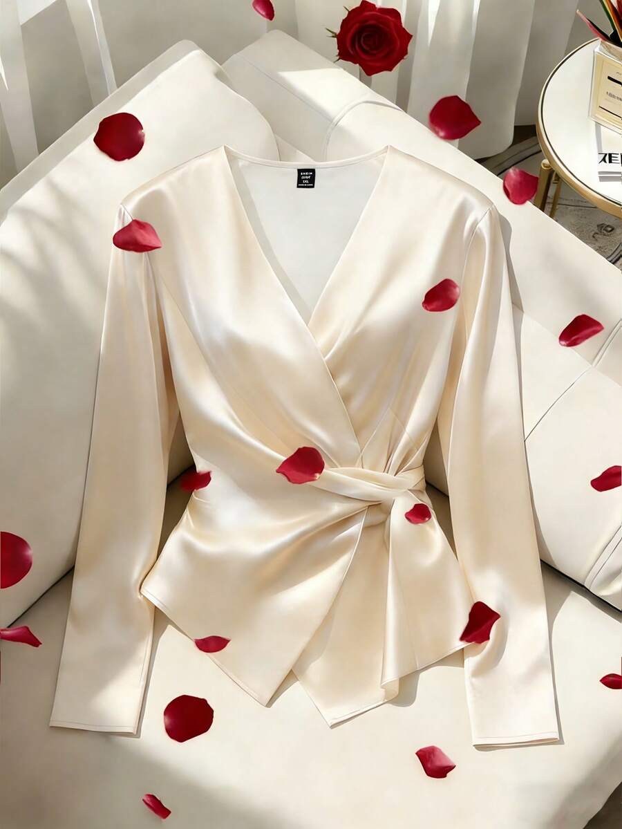 GlowEve CURVE 大码女士优雅商务通勤条纹交叉V领裹腰长袖衬衫，秋冬款 - 杏色 - 查看 1