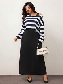 Enliva 大码女装秋冬时尚休闲日常舒适黑白条纹长袖宽松T恤和黑色背心长裙两件套，曲线套装，连衣裙套装，女士街头服饰，春装，女士机场装，大学生装 - 藏蓝色 - 查看 5