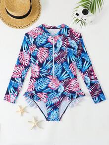 SHEIN 2025新款少女连体泳衣,休闲树叶印花,时尚可爱,优雅精致,适合夏季游泳和度假 - 彩色 - 查看 4