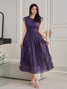 DAZY Đầm dài ngang gối thanh lịch màu trơn, viền bèo nhún dành cho nữ, đầm dự tiệc cưới mùa hè, đầm cocktail. - Màu tím - Xem 3