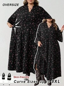 SHEIN CURVE+ CURVE PLUS /Valentine's Day/Plus Size Women Floral Print Flared Sleeve Loose Vacation Dresssummer/Country/Beach Vacation Outfits/Beach Outfits/Beach Wear - Multicolor - View 10