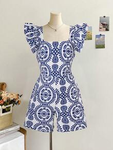 Sparklyn Girls' Elegant Digital Print Jumpsuit, Hollow Bowknot Design At Back Waist, Suitable For Outings, Vacations And Daily Wear, Spring/Summer - White - View 2