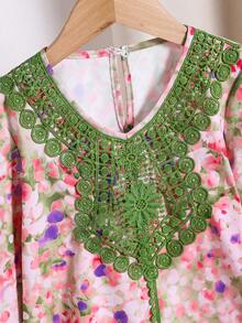 Young Girl V-Neck Floral Print Applique Casual Cute Party Dress - Multicolor - View 3