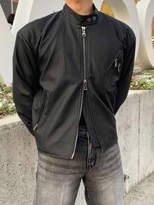 DAZY Men's Solid Black Zip-Up PU Jacket And Coat, Spring/Autumn - Black - View 3