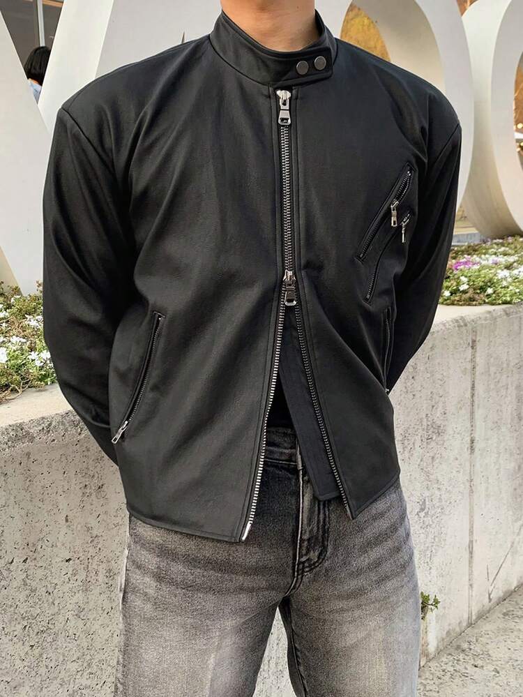 Men's Solid Black Zip-Up PU Jacket And Coat, Spring/Autumn