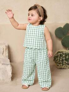 LMoss Kids Baby Girl Cute Plaid Sleeveless Top And Pants Set, Summer - Green - View 3