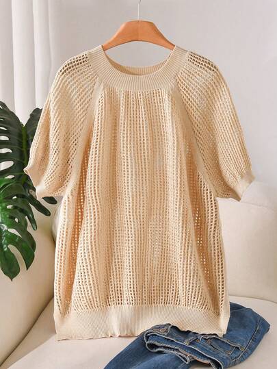 CosyJoli 大码优雅法式休闲镂空短袖轻薄针织上衣，春夏款