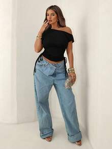 Sirith Áo thun ôm dáng, màu trơn, thiết kế lệch vai, có dây rút, thời trang mùa hè. - màu đen - Xem 3