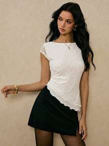 Poéselle 女士纯色极简蕾丝拼接短袖上衣 - 杏色 - 查看 3