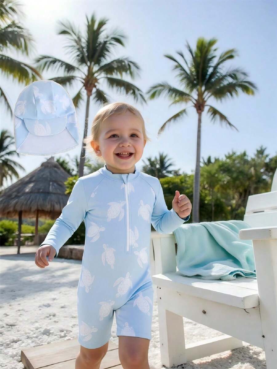 SHEIN 一套男童长袖连体泳衣，含泳帽，适合沙滩和水疗中心