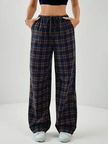 SHEIN Tall Pantalones anchos de pierna ancha casuales sueltos con bolsillo sesgado, cintura con cordón y estampado a cuadros - Marrón - Ver 4