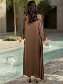 Layrah Luxury Elegant Party V-Neck Rhinestone Decor Sleeveless Dress And Arabic Robe Set - Brown - View 3